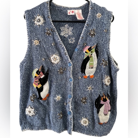 Blue penguin holiday winter button up sweater vest - Picture 1 of 4